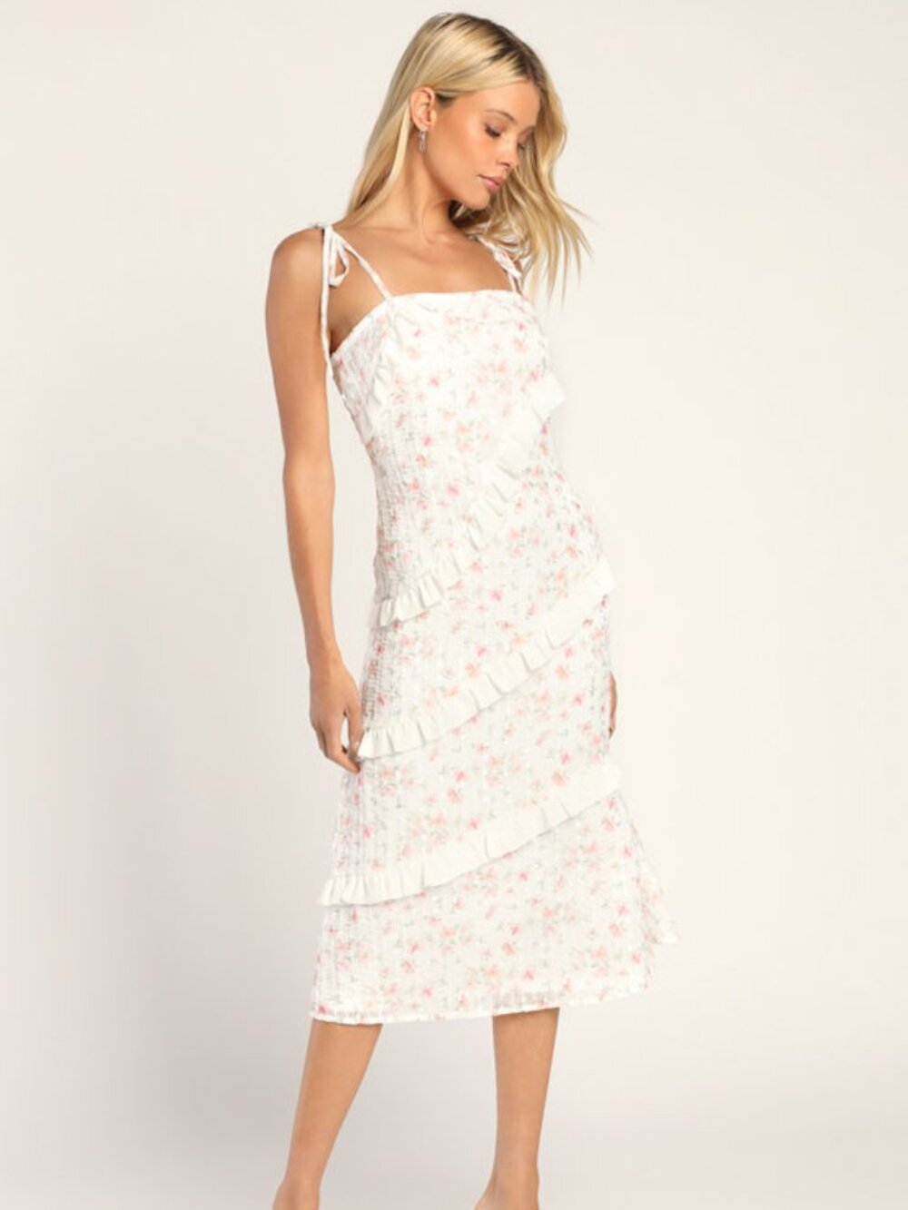 Lulus Endlessly Adored White Floral Print Tie-strap Midi Dress - Size XS